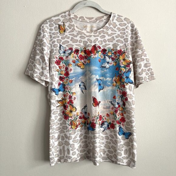 Johnny Was Womens Pima Cotton Animal Print Floral Butterfly T-Shirt Size Small - Picture 1 of 8